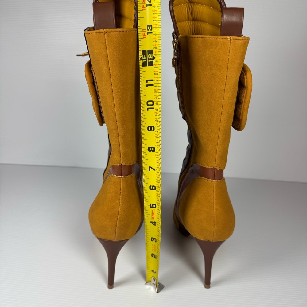Liliana Mustard Yellow and Brown Lace-Up Pointed Stiletto Ankle Boots - Picture 3 of 4